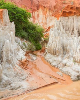 Ham Tien canyon in Vietnam, small stream carving through the sand