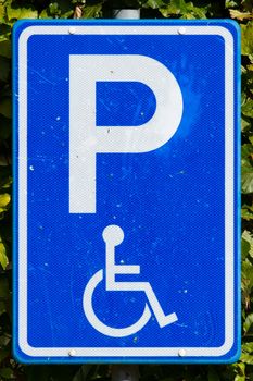 Close-up of a dirty parking sign for disable people