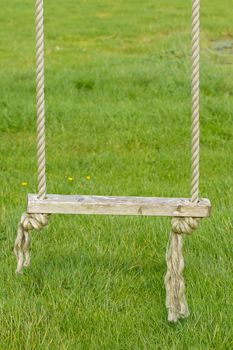 Old wooden tree swing with green grass background