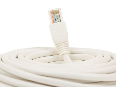 Close-up of a white RJ45 network plug on white background