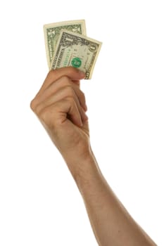 Man holding a one dollar bill in his hand, isolated on white