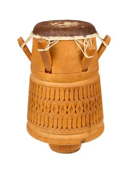 Djembe, Surinam percussion, handmade wooden drum with goat skin, ethnic musical instrument of carved wood and leather membrane, isolated