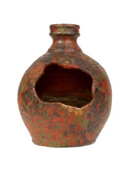 Old red vase from clay, the handwork, isolated on a white background