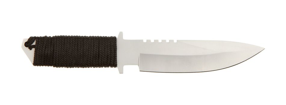 Sharpened metal blade with braided handle on a white background