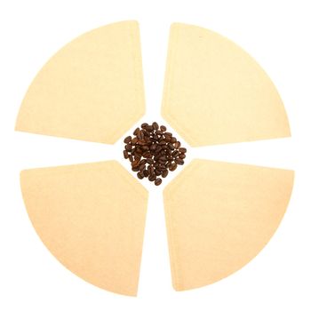 Coffee beans on a coffee filter (white background)