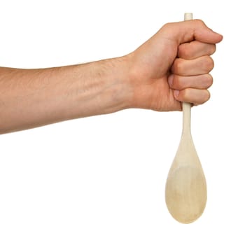 Man holding a wooden spoon, isolated on white