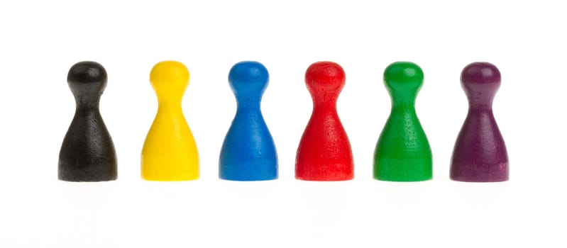 Six colored pawns isolated on a white background