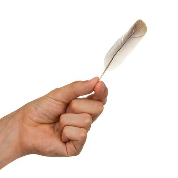 Man holding a small feather, isolated on white