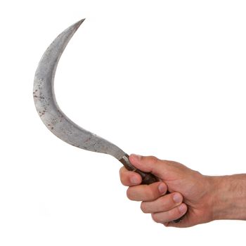 Man holding a rusted sickle, isolated on a white background