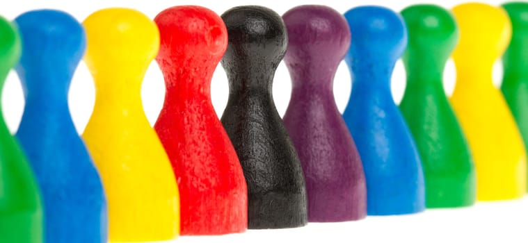 Colorful row of pawns on a white background