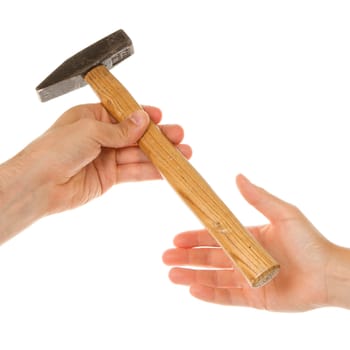 Man giving a woman an used hammer