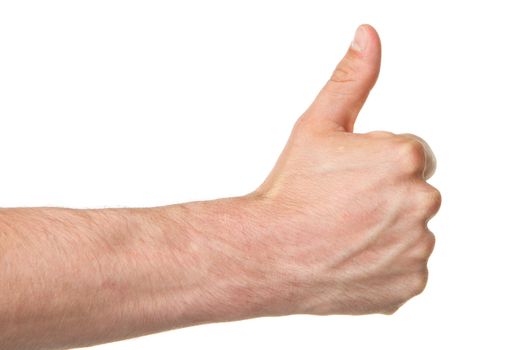 Image of a mans hand showing thumb up in isolation