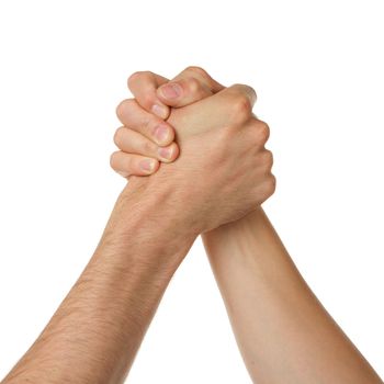 Man and woman in arm wrestlin, white background