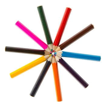 Ten different color pencils on white background