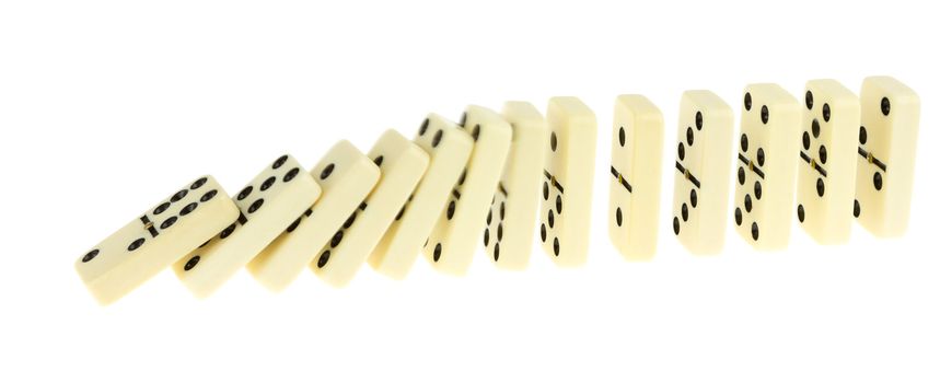 Long train of dominoes falling over, white background