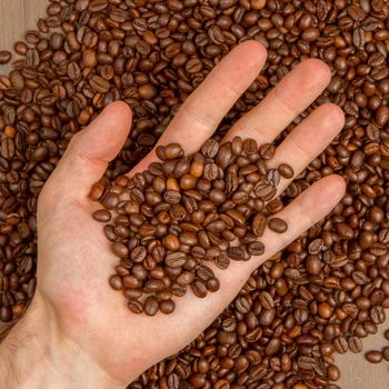Coffee beans in hand (white male), isolated