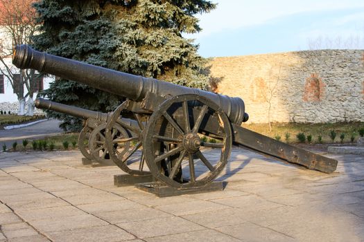 Ancient cannon on wheels. Dubno Castle. Ukraine