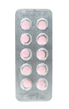 pack of pink pills on white background