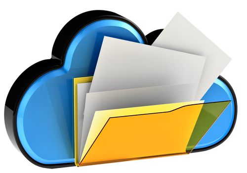 Cloud computing and storage internet security concept as is blue glossy cloud icon with folder and documents on white background