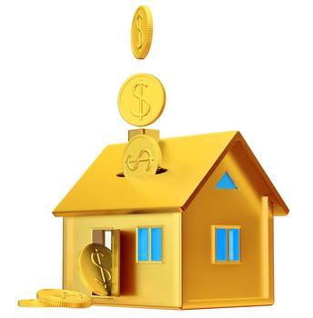 dollar coins falling down into a piggy bank in the form of a gilded house as a symbol of the accumulation