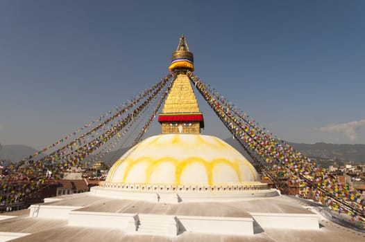 Colorful holy flags on Swayambhunath temple stupa Kathmandu Nepal