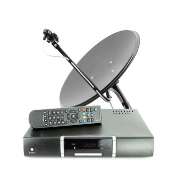 Set of receive box remote and dish antenna on white