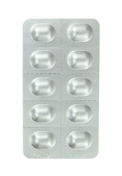 Pills in a blister pack on a white background