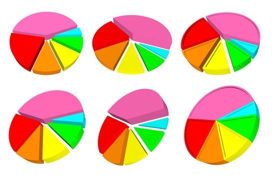 Six 3d pie graph with different colored segments