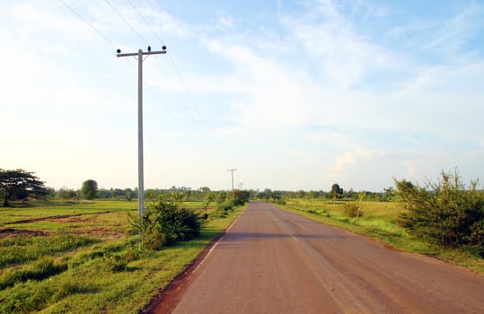 A country road running through green fields, Thailand