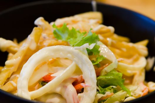 french fries  deluxe salad with white cream sauce