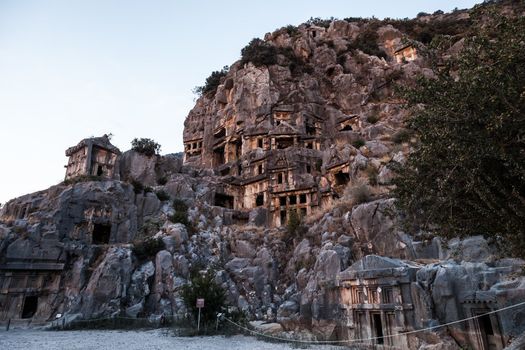 Ancient lycian Myra rock tomb ruins at Turkey Demre