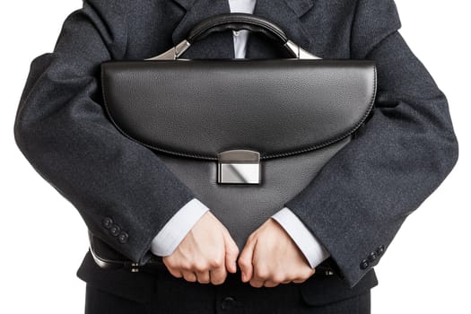 Business man in black suit hand holding briefcase