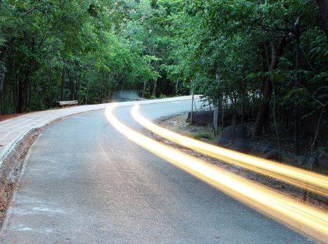 Cars pass on a country road with trees on both sides