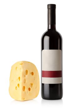 Wine bottle and dutch cheese isolated on a white background