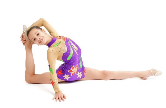 Girl Gymnast in Handmade Gymnastic Leotard Do Difficult Splits on white background