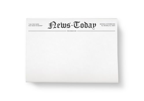 A stack of newspapers with headline "News Today" and blank space for information. Top view shot. Isolated on white.