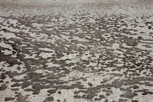 Spots of black tar on the gray asphalt as a texture 