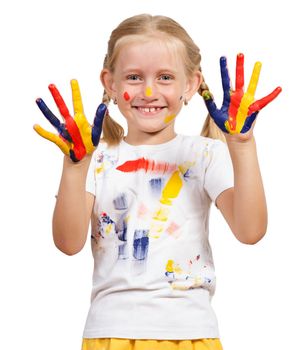 girl with painted hands, draw hands, isolated on white background