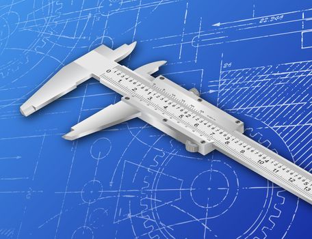 Vernier caliper illustration on a blueprint background
