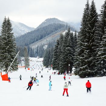 Skiers and snowboarders going down the slope at Jasna ski resort in Slovakia