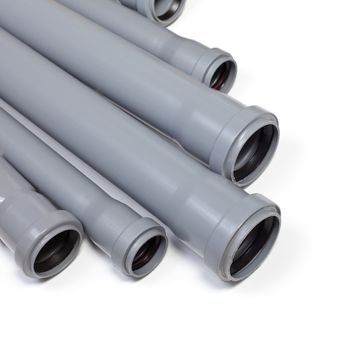 Grey PVC sewer pipes on white background