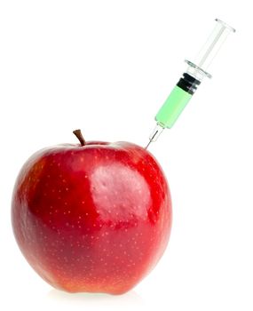 Genetic modification concept with red apple receiving an injection