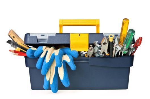 Plastic workbox with assorted tools on white background