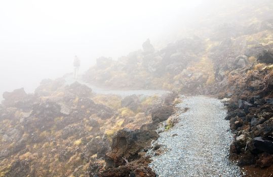 Hiker walking on public track at Tongariro National Park, New Zealand