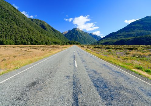 Scenic mountain road in the Southern Alps of the South Island of New Zealand