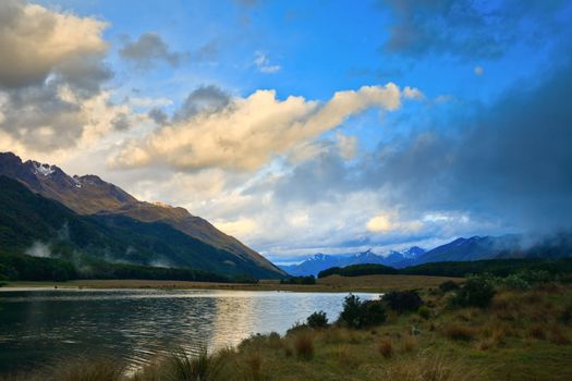 Dramatic sky over South Mavora Lake in the South Island of New Zealand