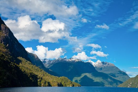 Clouds over the Lake Manapouri in the South Island of New Zealand