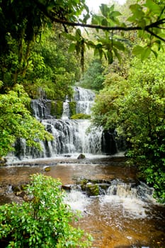Cascading waterfall on the Purakaunui River in the South Island of New Zealand