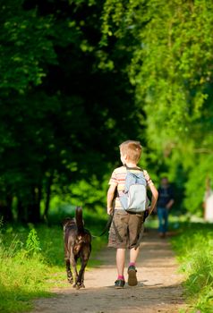 Young boy walking with black dog