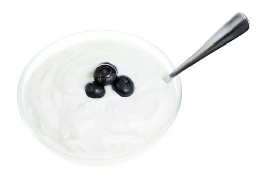 Yogurt bowl with spoon and Blueberries on white background